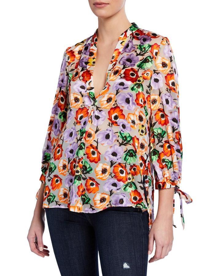 Sheila Floral Blouson-sleeve Henley Top
