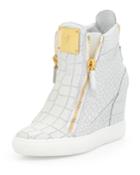 Giuseppe Zanotti Crocodile-embossed Hidden-wedge Sneaker, Bianco, Women's,