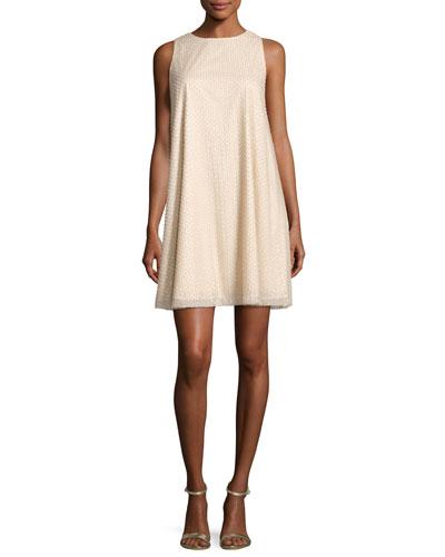 Sleeveless Beaded Swing Dress, White/silver