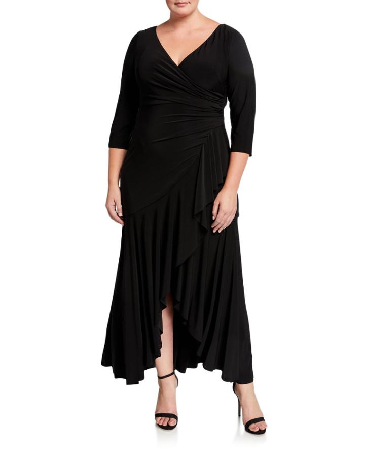 Plus Size Draped Ruffle V-neck Gown