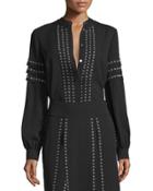 Long-sleeve Grommet-embellished Blouse, Black