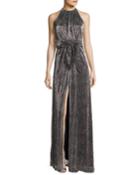 Sleeveless Halter-neck Textured Metallic Evening Gown