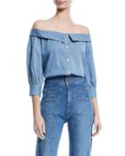 Britta Off-the-shoulder Button-front Chambray Top