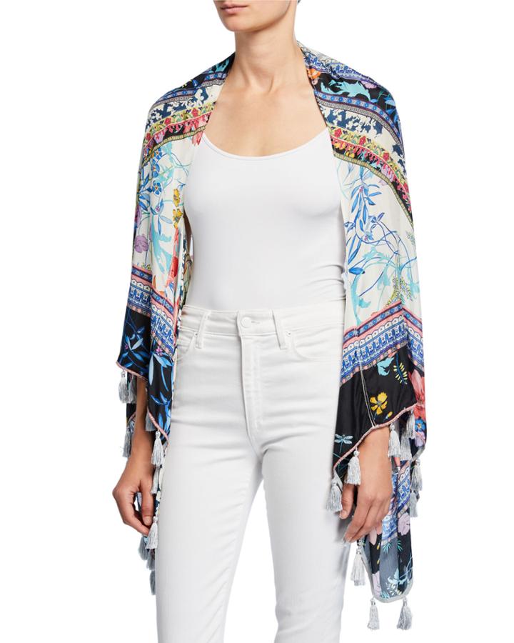 Invo Floral-print Silk Shrug With Tassels