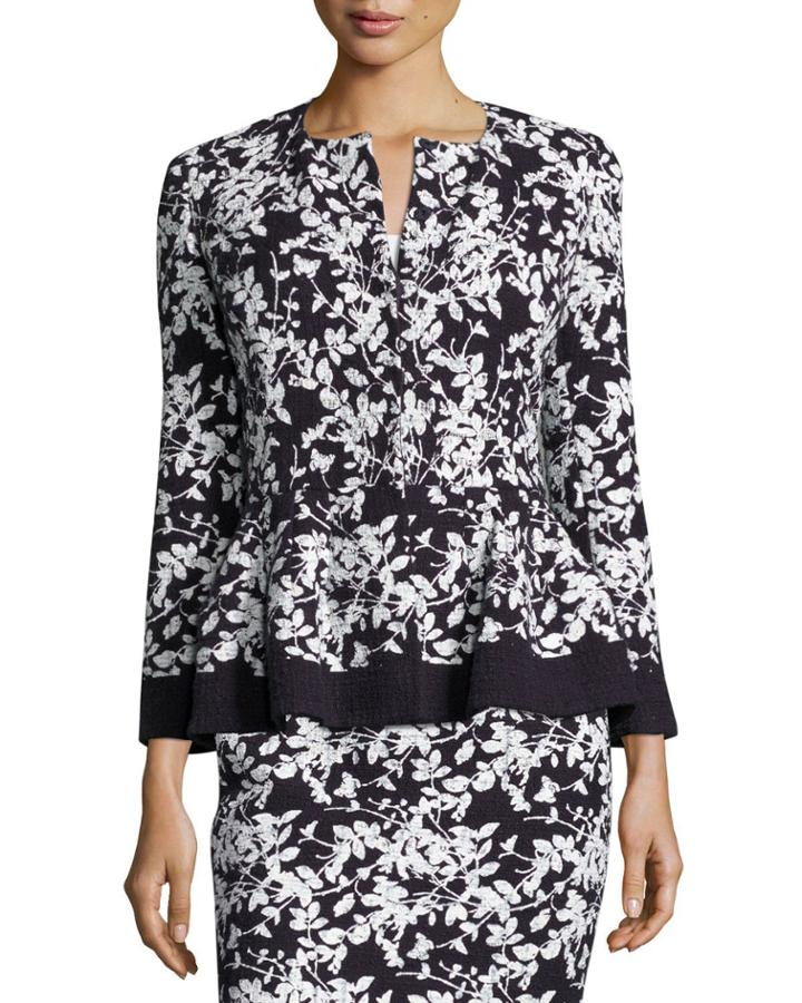 Floral-print Bracelet-sleeve Jacket, Navy/white