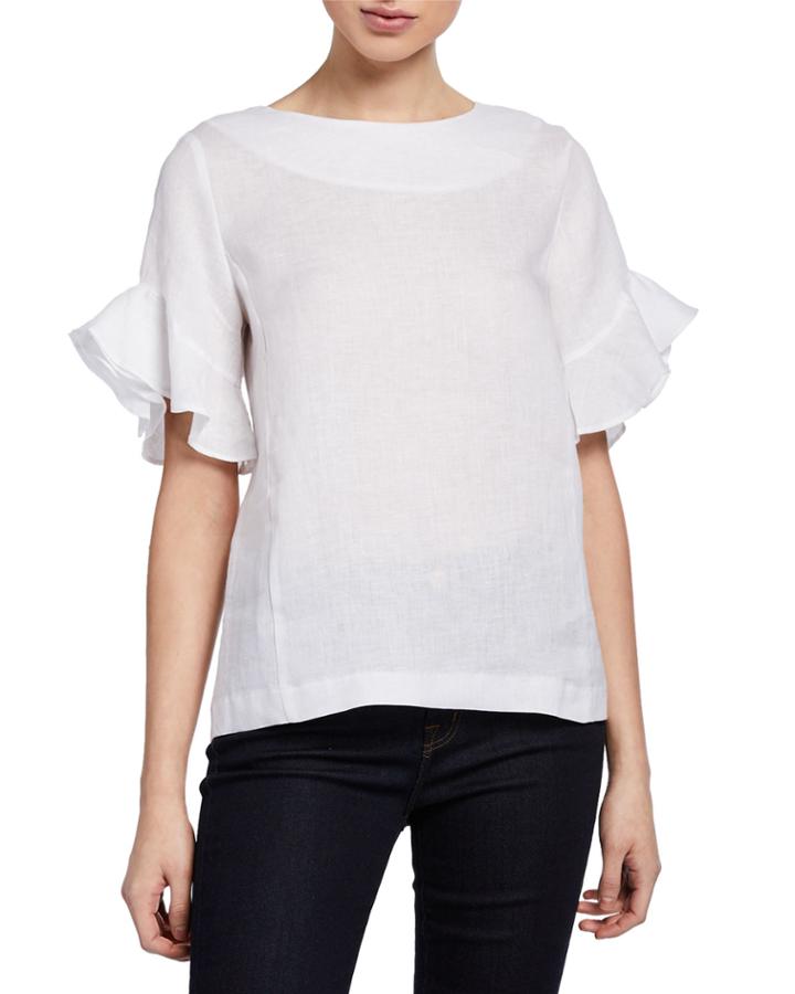 Ruffle-sleeve Linen Zip Blouse