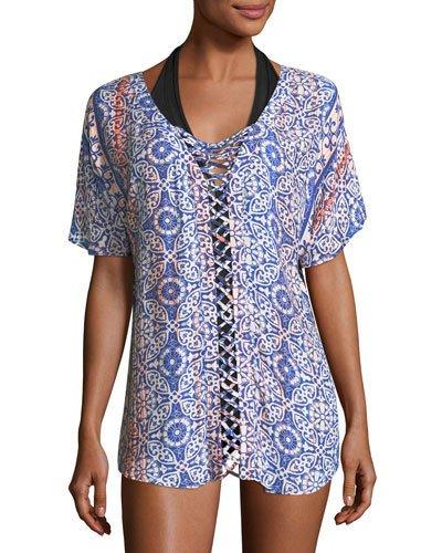 Tile-print Lattice-front Coverup Tunic