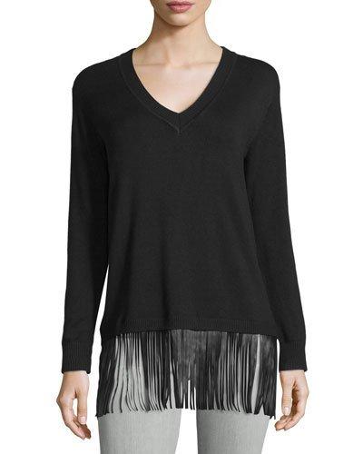 V-neck Sweater W/faux Leather Fringe, Black