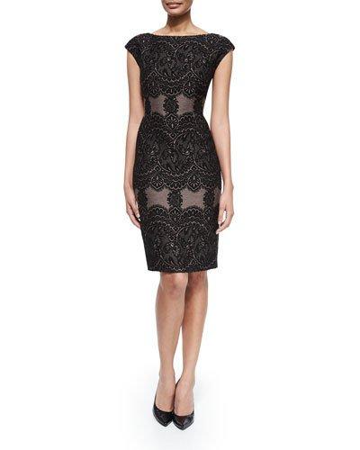 Cap-sleeve Combo Sheath Dress, Black/pine