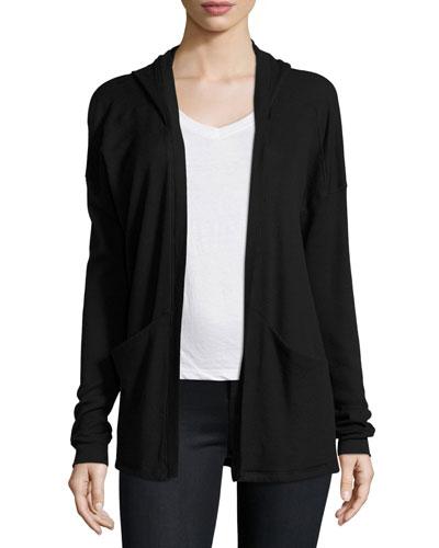 Waffle-knit Thermal Open-front Cardigan, Black