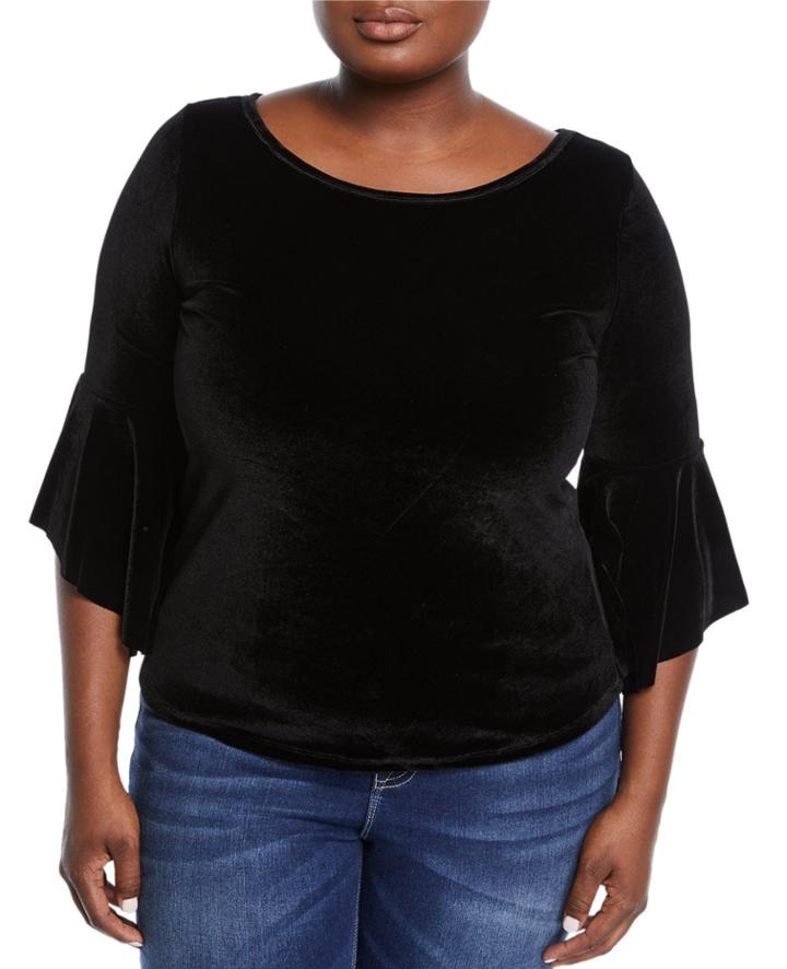 Boat-neck Velvet Flounce Blouse,