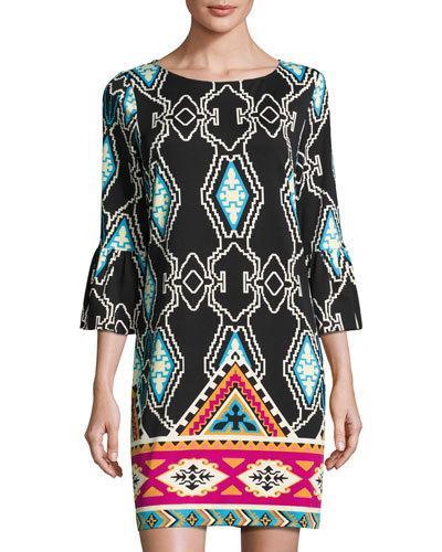 Elle Trumpet-sleeve Ikat-print Dress, Black