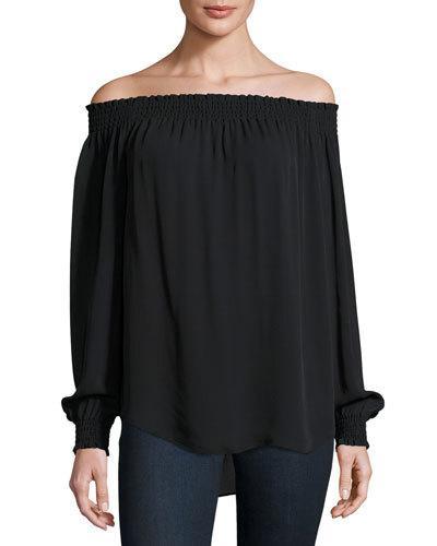 Leonie Long-sleeve Off-the-shoulder Silk Blouse, Black