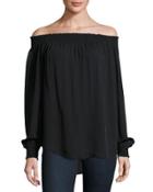 Leonie Long-sleeve Off-the-shoulder Silk Blouse, Black