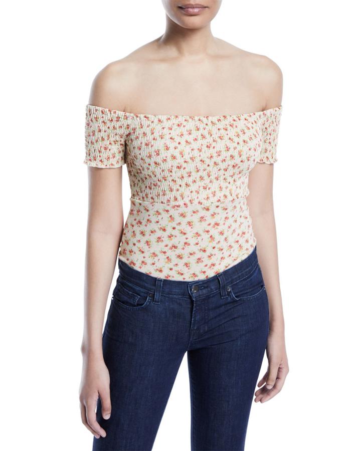 Smocked Off-the-shoulder Floral Bodysuit