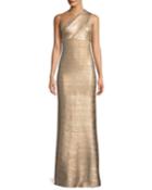 Lilyanna Woodgrain Foil One-shoulder Fit-&-flare Gown