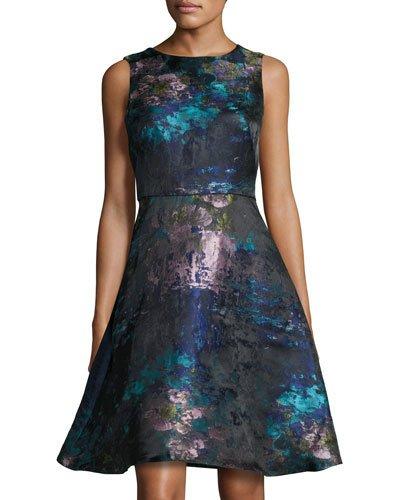 Watercolor-print Sleeveless Jacquard Dress, Blue
