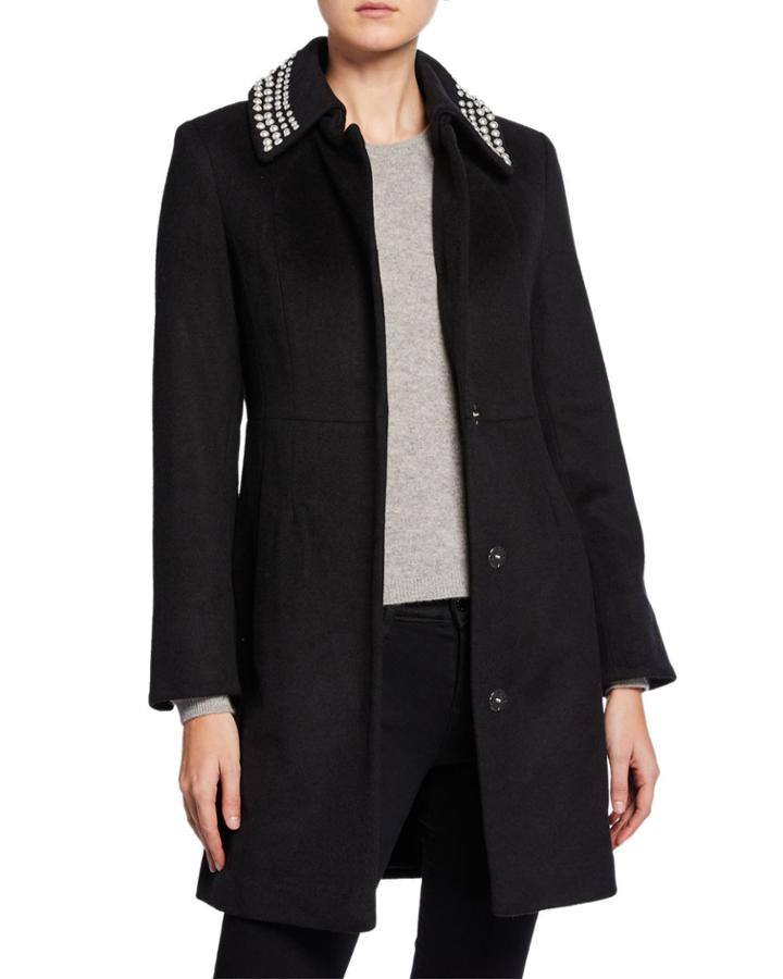 Pearly Collar Snap-button Wool Coat