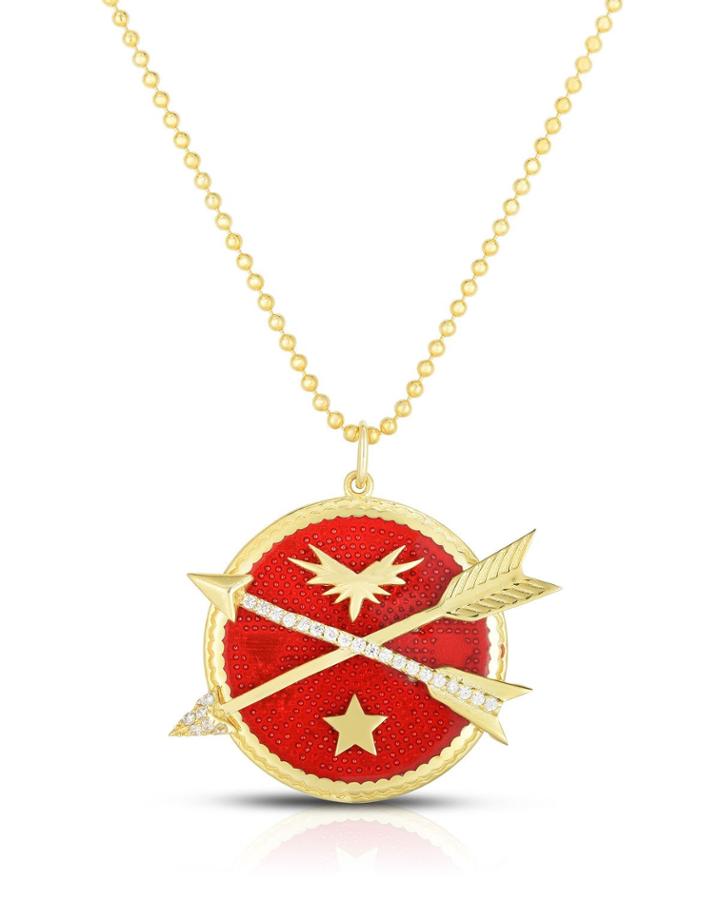 Enamel 2-arrow Pendant Necklace W/ Cubic Zirconia, Red