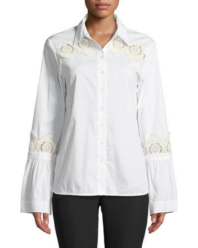 Lace-trim Flare-sleeve Button-front Blouse