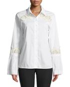 Lace-trim Flare-sleeve Button-front Blouse