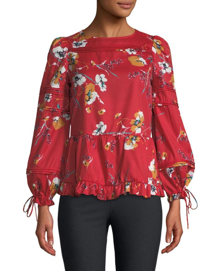 Floral Tie-sleeve Ruffle-hem Blouse