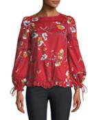 Floral Tie-sleeve Ruffle-hem Blouse
