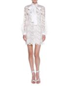 Long-sleeve Tie-neck Floral Lace Minidress, White