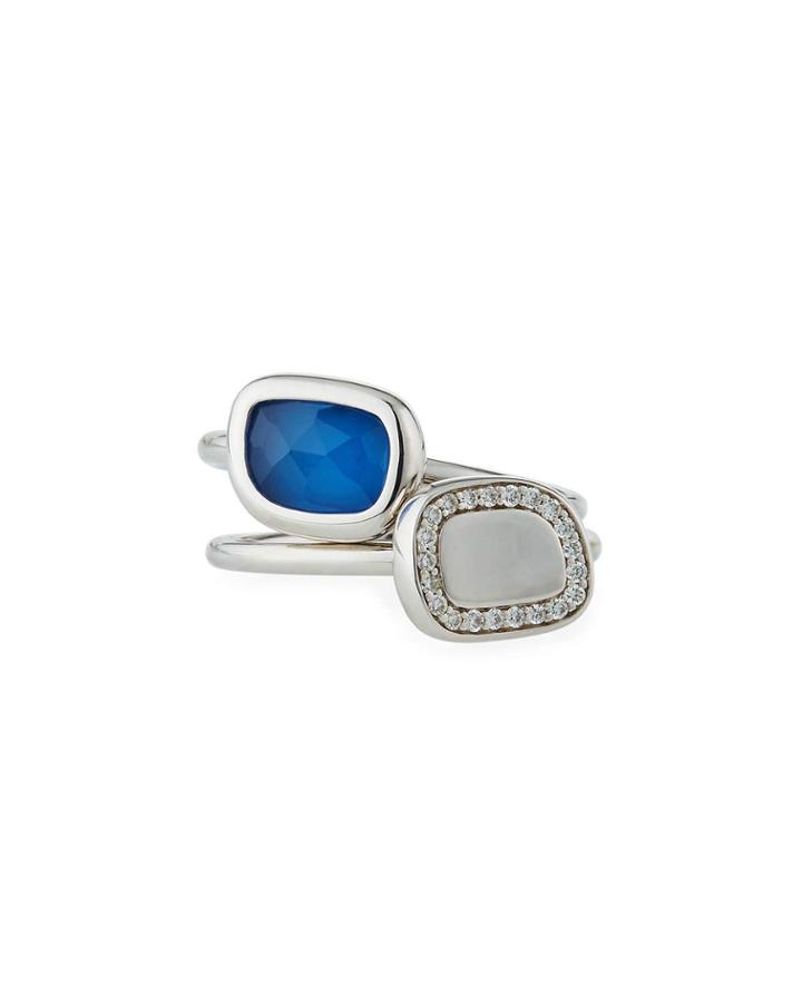 18k White Gold Blue Quartz & Mother-of-pearl Rings W/diamonds,