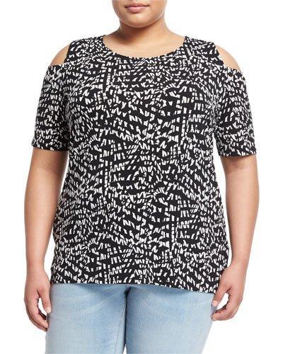 Mosaic-print Cold-shoulder Top, Black,
