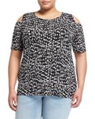 Mosaic-print Cold-shoulder Top, Black,