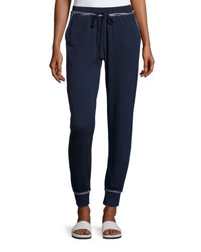 Contrast-trim Drawstring Pants, Navy/natural