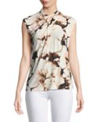 Crossover-neck Floral Blouse