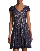 Cap-sleeve Fit-and-flare Lace Dress, Navy