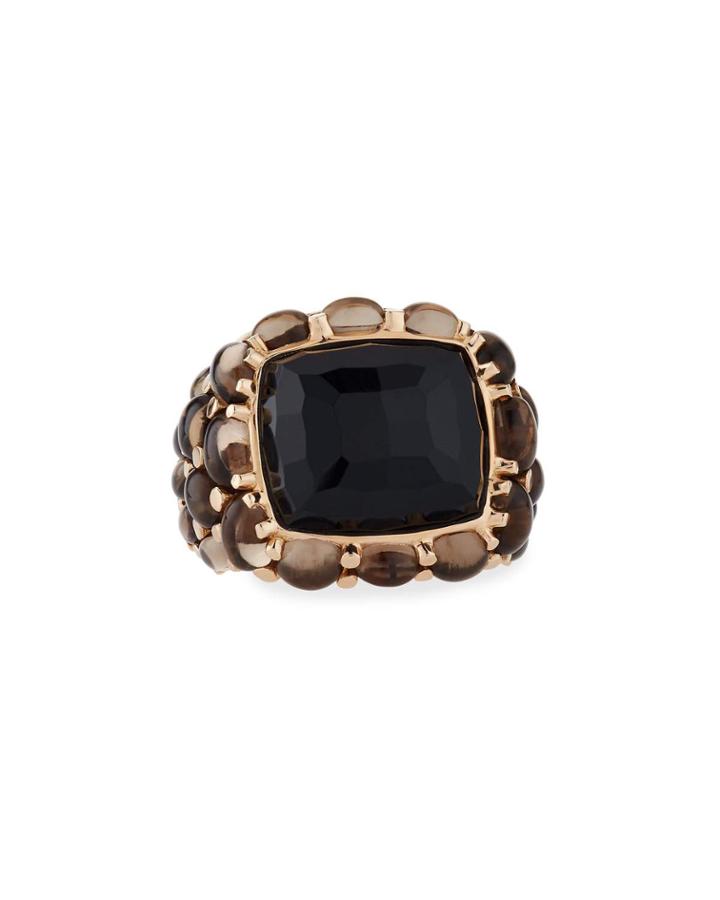 18k Black Agate & Smoky Quartz Ring