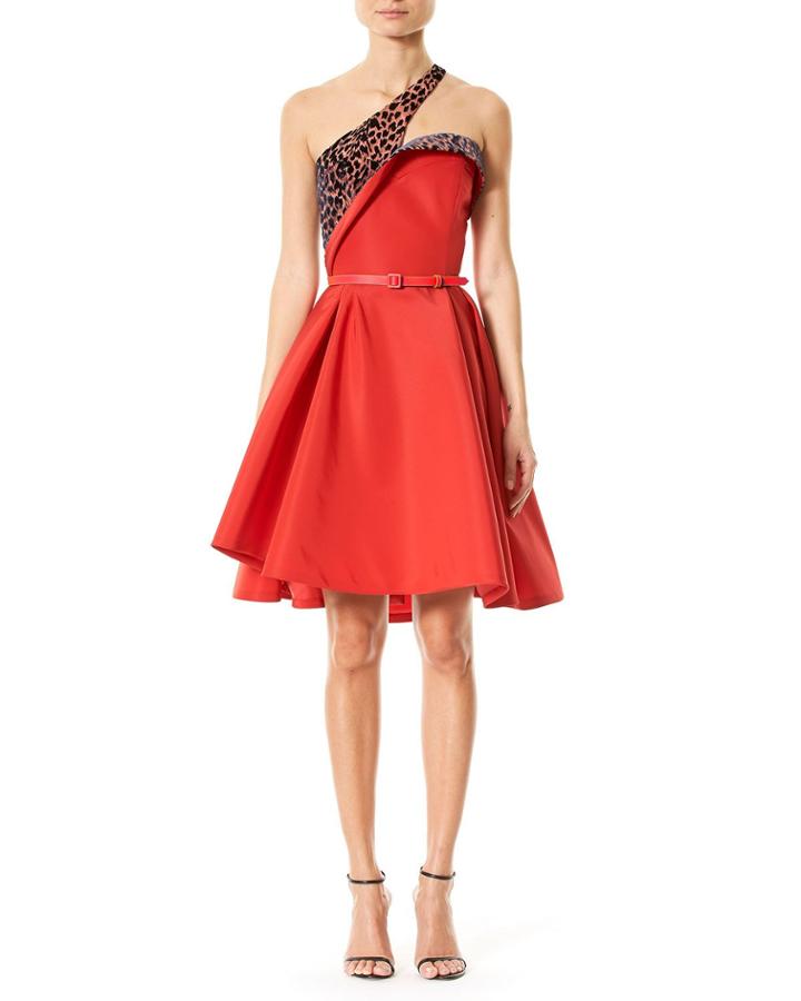 Leopard-print One-shoulder Cocktail Dress, Red
