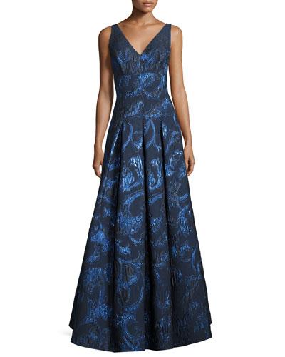 Sleeveless Pleated Metallic Brocade Gown, Navy/multicolor