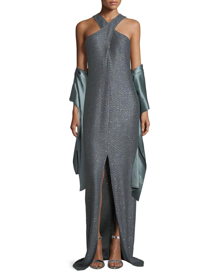 Crossover Halter Sequin Column Gown