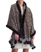 Double Face Cashmere Leopard-print Stole W/ Rex Rabbit Fur Trim
