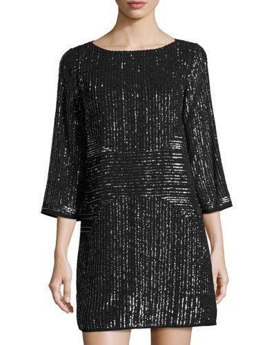 Beaded 3/4-sleeve Cocktail Dress, Gray