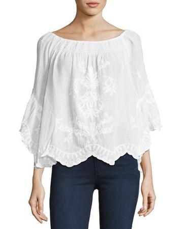 Tonal-embroidered Peasant Top, White