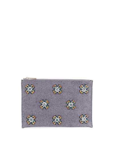 Crystal-embellished Wool Flat Pouch Clutch Bag, Gray