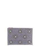 Crystal-embellished Wool Flat Pouch Clutch Bag, Gray