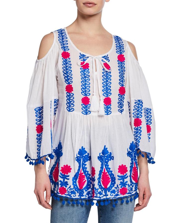 Embroidered Pom-pom Cold-shoulder Top