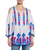 Embroidered Pom-pom Cold-shoulder Top