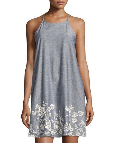 Embroidered Sleeveless Dress, Blue/ivory