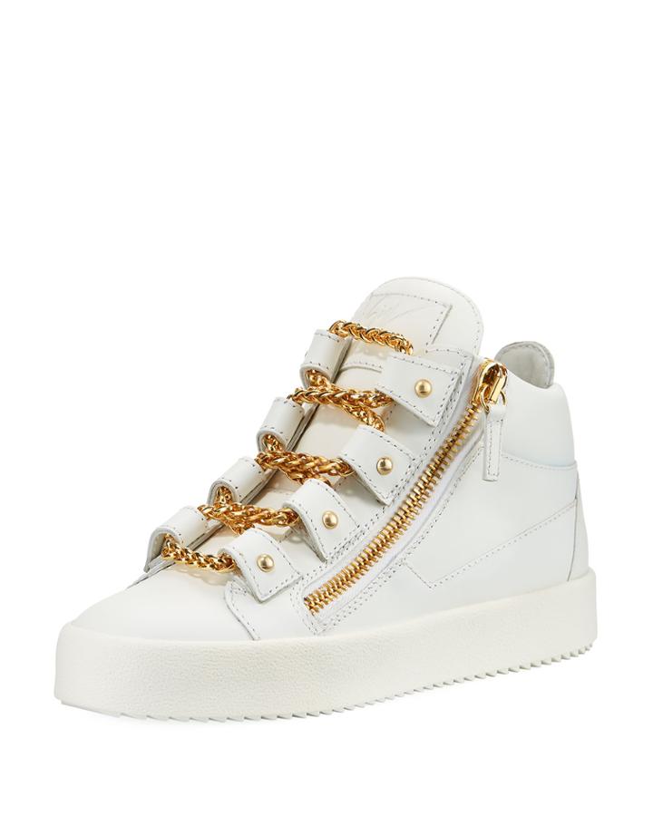 Chain Leather Mid-top Sneakers, Bianco