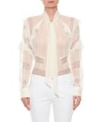Long-sleeve Button-front Sheer Blouse With