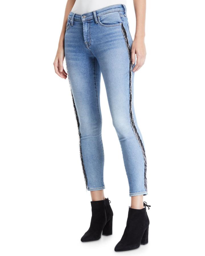 Mid-rise Ankle Skinny Jeans With Beaded Fringe