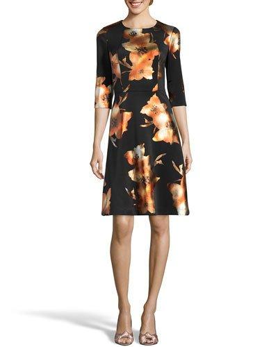 A-line Foil Print Dress, Black